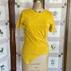DKNY marigold yellow/gold, short sleeve, wrap top w assymetrical hem